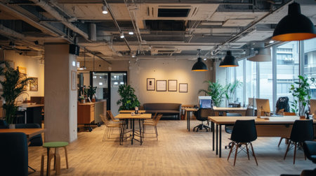 Refined co-working space with a warm ambiance, a spacious open-plan design, and modern minimalist furniture for a high-end feel.の素材