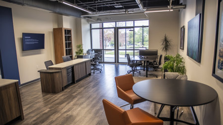 Refined co-working space with a warm ambiance, a spacious open-plan design, and modern minimalist furniture for a high-end feel.の素材