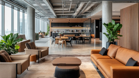 Premium office environment with rich wooden textures, comfortable neutral-toned seating, and a luxurious open workspace.の素材