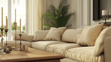 Warm and inviting living room with a beige modular sofa, a handcrafted wooden console, and vintage candlesticks for a timeless aesthetic.の素材