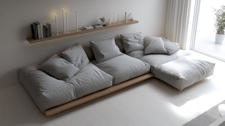 Urban apartment living room with a modular gray fabric sofa, a floating wooden shelf console, and simple white candlesticks.の素材