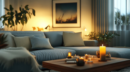 Minimalist modern living room with a sleek gray modular sofa, a warm wooden console, and elegant candlesticks, creating a cozy atmosphere.の素材