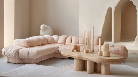 Soft pastel-themed living space with a light pink modular sofa, a blonde wood console, and sculptural candlesticks for an artistic touch.の素材