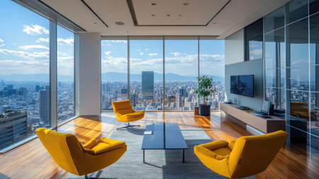 Minimalist office design with yellow chairs, open workspaces, glass walls, and a modern city view.の素材