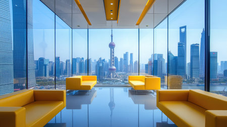 High-tech office with a modern aesthetic, yellow seating, transparent partitions, and a breathtaking city skyline.の素材