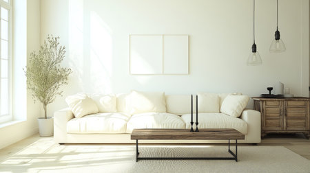 Bright and airy living room with a cream-colored modular sofa, a rustic wooden console, and sleek black candlesticks for a minimalist touch.の素材