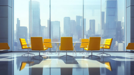Professional office interior with modern decor, featuring bright yellow chairs, a glass conference room, and urban scenery.の素材