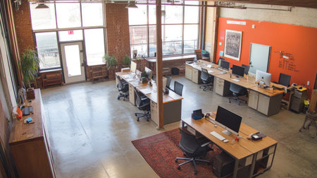 Tech startup office with a minimalist design, featuring a clean workspace, shared desks, and a bright, open feel.の素材