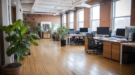 Simple and sophisticated office with an open floor plan, clutter-free workstations, and a touch of greenery.の素材