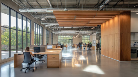 Open-concept office with wooden workstations, comfortable minimalist chairs, and abundant natural lighting.の素材