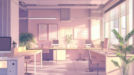 Modern coworking space with a sleek, minimal aesthetic, featuring open desks, soft colors, and abundant natural light.の素材