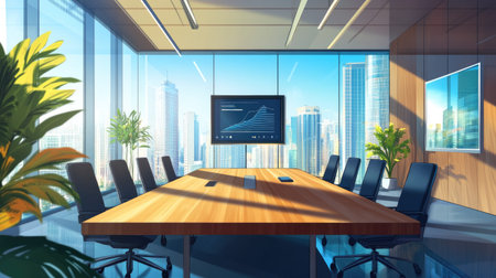 Modern boardroom with a long wooden conference table, smart screen, and breathtaking skyline views through floor-to-ceiling windows.の素材