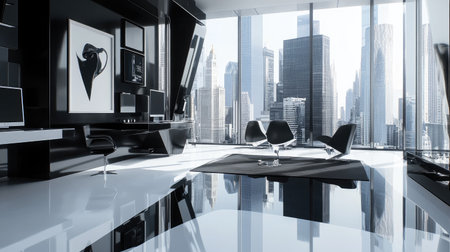 Stylish and modern workspace with a sleek black-and-white theme, designer furniture, and huge windows overlooking skyscrapers.の素材