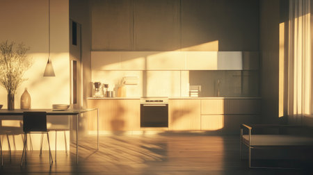 Sleek, neutral-toned interior with an elegant kitchen, modern furniture, and a clean empty wall for an open, airy ambiance.の素材