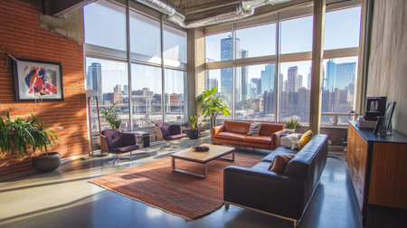 Vibrant and dynamic startup office with industrial decor, open seating arrangements, and large glass windows facing the city.の素材