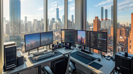 Tech-inspired office with dual-monitor setups, ergonomic chairs, and a sleek open-plan design with floor-to-ceiling city views.の素材