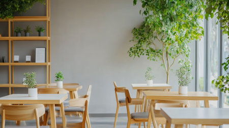 Contemporary minimalist cafe with natural wood and white surfaces. A few green trees enhance the tranquil work-friendly space. No people.の素材