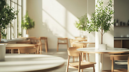 Clean, spacious cafe designed for work and relaxation. Minimalist aesthetic with white and brown tones, wooden furniture, and a few green trees. No people.の素材