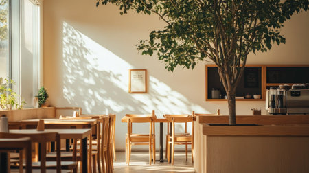 Serene minimalist cafe interior with a blend of white walls, warm wood, and green trees. Cozy and work-friendly. No people.の素材