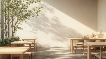 Modern cafe workspace featuring simple wooden tables, neutral tones, and a few green trees. Aesthetic and functional. No people.の素材