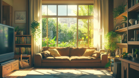 Elegant and modern living space with a plush brown sofa, wooden decor, and a large garden-facing window that fills the room with natural light.の素材