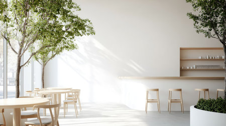 Warm and inviting minimalist cafe interior. White walls, wooden tables, and a few green trees create a perfect workspace. No people.の素材