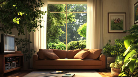 Modern house living room featuring a cozy brown sofa, functional equipment, and a window offering a perfect view of a lush garden.の素材