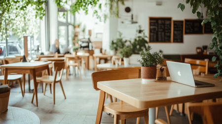 Cozy, contemporary cafe with minimalist decor. White and brown tones, elegant wooden furniture, and a few green trees. A perfect work spot. No people.の素材