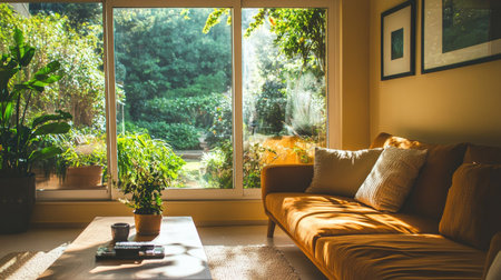 Comfortable and inviting living room with a sleek brown sofa, full facilities, and a glass window showcasing a beautiful garden landscape.の素材