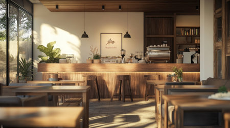 Beautiful wood-inspired cafe with a rustic feel, warm wooden tables, soft lights, and a welcoming environment.の素材