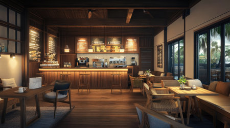 Cozy wood-tone cafe with warm lighting, wooden furniture, and a rustic yet modern ambiance. A perfect spot for relaxation.の素材