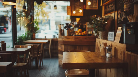 Beautiful wood-inspired cafe with a rustic feel, warm wooden tables, soft lights, and a welcoming environment.の素材