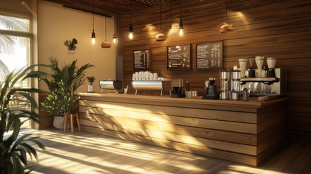 Chic and modern wood-tone cafe with natural wooden elements, warm lights, and an inviting atmosphere for coffee lovers.の素材