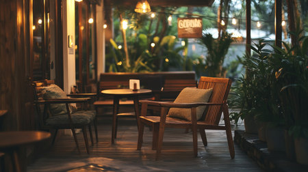Cozy wood-tone cafe with warm lighting, wooden furniture, and a rustic yet modern ambiance. A perfect spot for relaxation.の素材