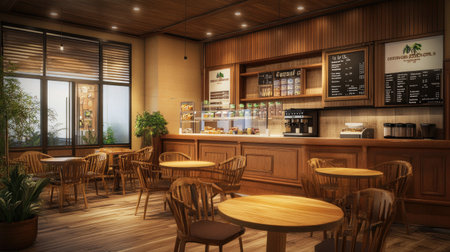 Small, charming cafe with wood-tone decor, soft lighting, and a peaceful atmosphere for a perfect coffee break.の素材