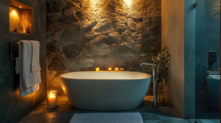 High-end bathroom with a freestanding white bathtub, gray stone textures, and soft, moody lighting.の素材