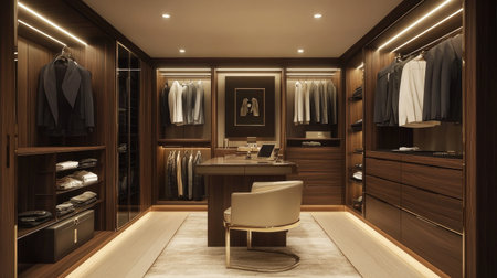 Elegant dressing room with a proportional layout, stylish dressing table, and built-in wardrobes for a luxurious feel.の素材