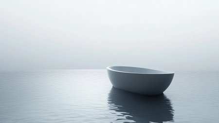 Minimalist gray-toned bathroom with a modern bathtub, clean lines, and soft lighting creating a tranquil atmosphere.の素材