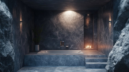 Sophisticated bathroom design with gray marble walls, a deep bathtub, and warm accent lighting for a cozy retreat.の素材