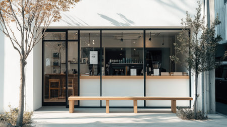 A charming coffee shop with a minimalist design, featuring a white exterior, floor-to-ceiling glass windows, and a wooden bench.の素材