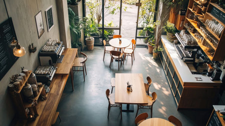 A chic coffee shop with a warm brown and white color scheme, wooden tables for working, and a nature-inspired seating space.の素材