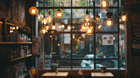 A cozy cafe lounge with neutral-colored seating, wooden tables, and hanging Edison bulbs, perfect for a modern rustic feel.の素材