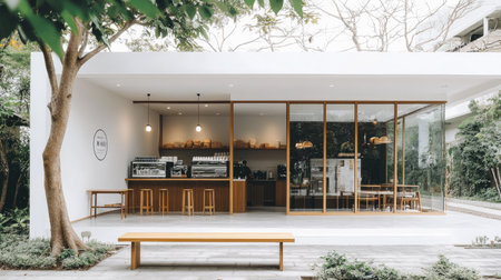 A charming coffee shop with a minimalist design, featuring a white exterior, floor-to-ceiling glass windows, and a wooden bench.の素材