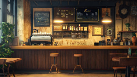 A stylish cafe interior with a warm wooden theme, soft lighting, and contemporary industrial fixtures creating a welcoming vibe.の素材