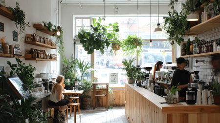 A nature-inspired coffee shop with wooden accents, white walls, and lush greenery, illuminated by glass panel windows.の素材