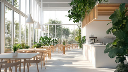 A peaceful, nature-infused cafe with wooden tables, indoor plants, and a white modern backdrop, brightened by large glass windows.の素材