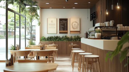 A modern, well-lit coffee shop with stylish wooden furniture, white and brown interiors, and an inviting natural decor theme. -の素材