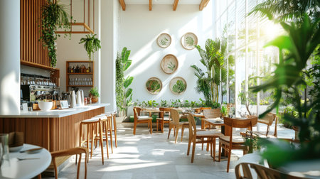 A stylish cafe with organic wooden furniture, tropical greenery, and a white interior, where sunlight pours in through glass walls.の素材