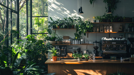 A nature-inspired coffee shop with wooden accents, white walls, and lush greenery, illuminated by glass panel windows.の素材