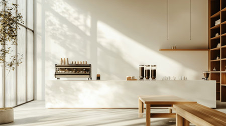 A fresh, minimalist coffee shop with a pure white wall, transparent glass panels, and a wooden bench for a natural element.の素材